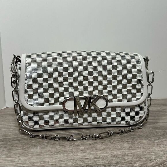 HTF MICHAEL KORS PARKER CHECK SILVER POUCHETTE CONVERTIBLE SHOULDER BAG NWT - Picture 5 of 13